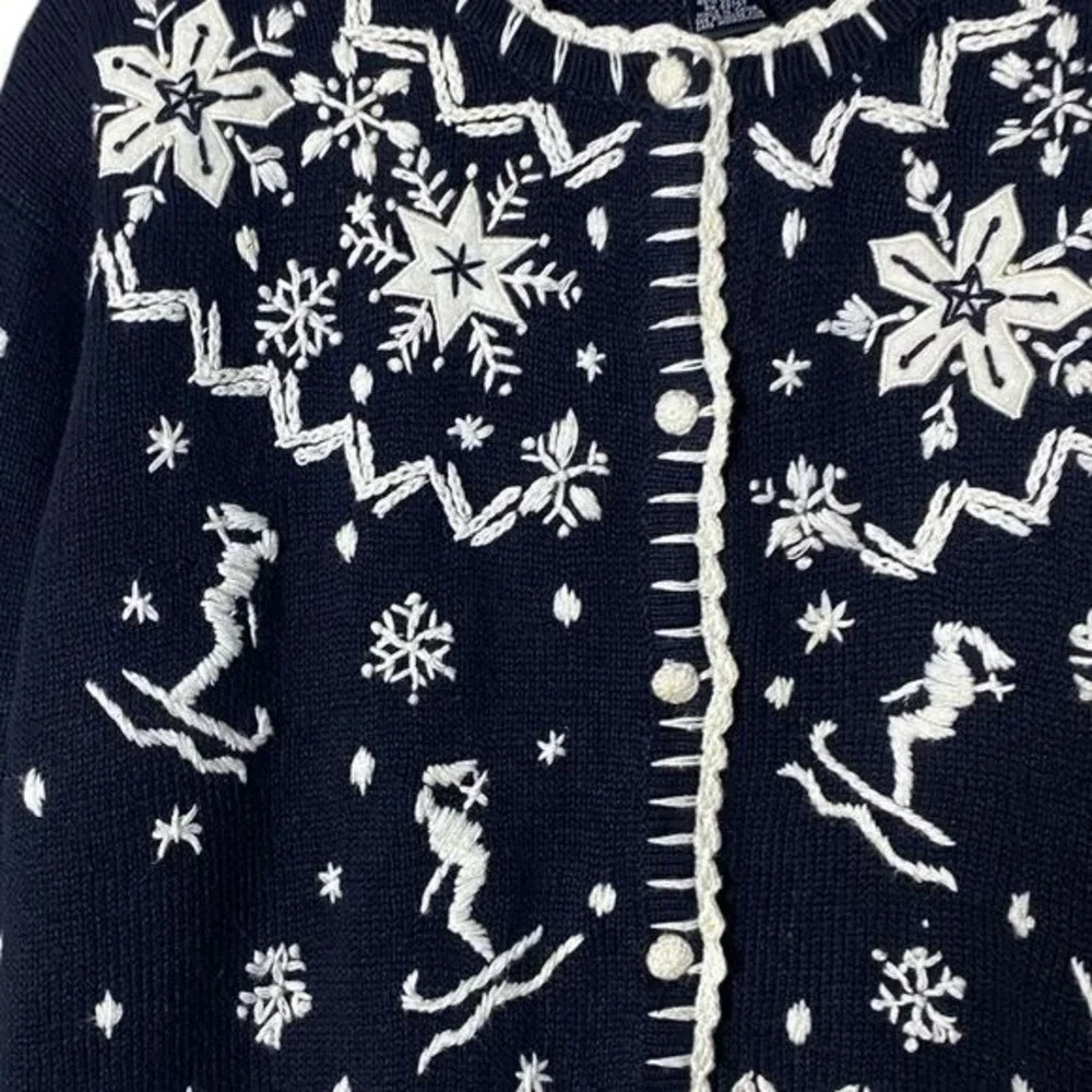 Vintage Women's Embroidered Cardigan Sweater XL Ski Snow Graphic Ramie Snow - Picture 2 of 9